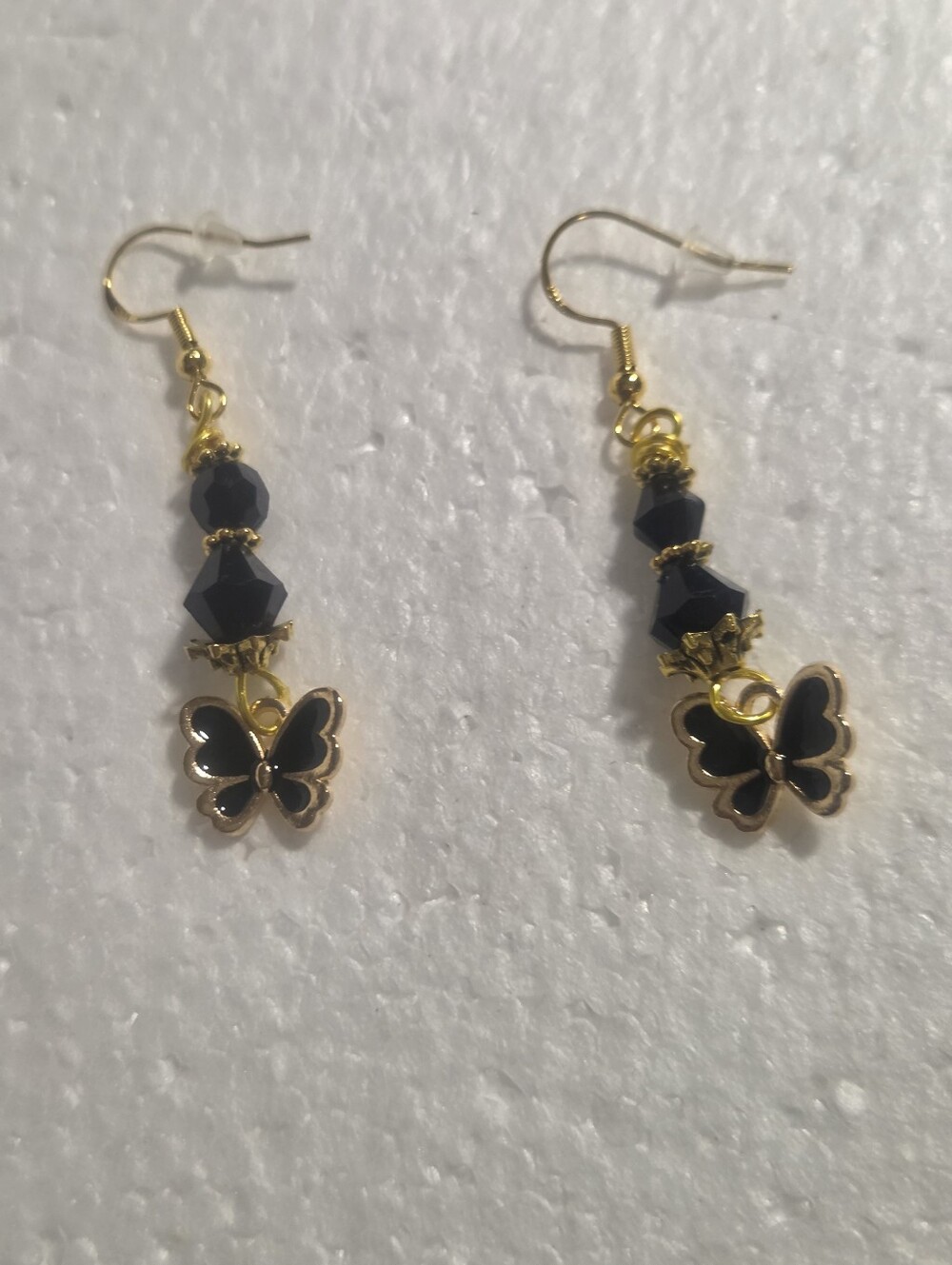 Handcrafred Gold Butterfly Drop Earrings with Black Beads - Women's Jewelry